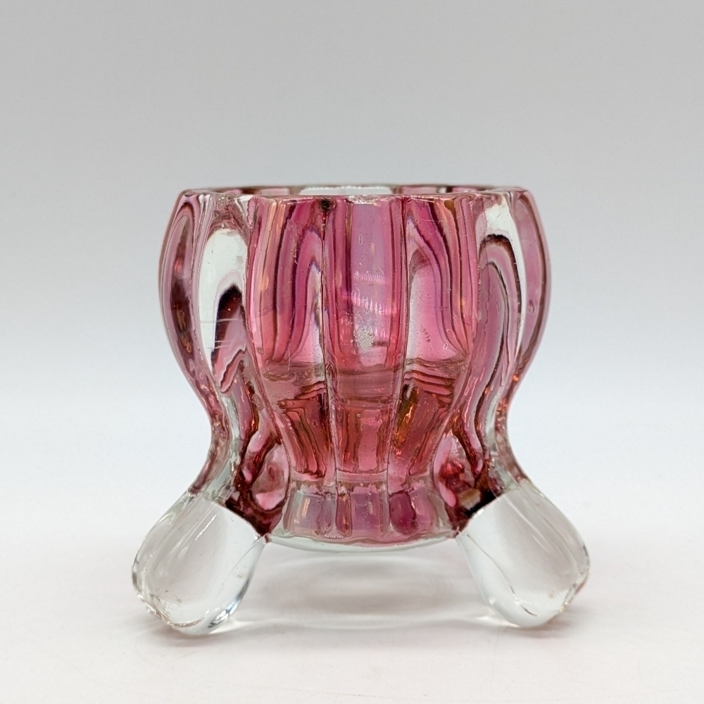 Vintage Anchor Hocking Pink Clear Glass Three Footed Votive Candlestick Holder